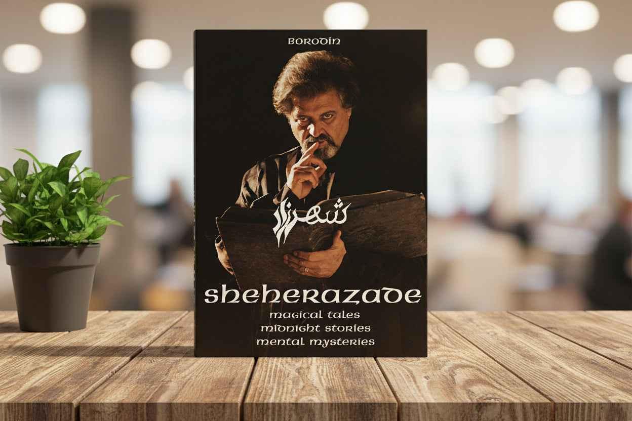 Sheherazade book cover with man holding a book, mystical theme, on wooden table indoors